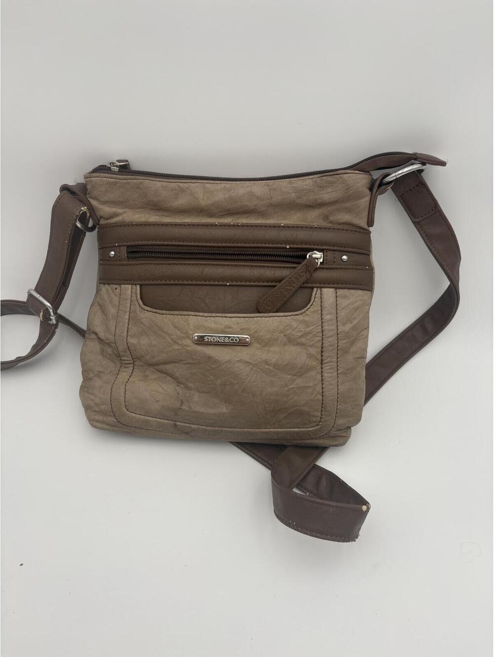 Stone & Co Brown and Taupe Crossbody Messenger Bag with Multiple Zip Pockets - Picture 1 of 8